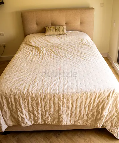 Beige Upholstered Double Bed with Headboard ,speakers - headboard  L 165 H 130, L 230 W 156cm