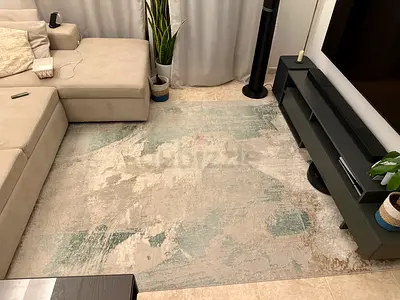 Large Abstract Modern Area Rug — Neutral Tones with Aqua Accents