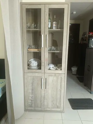 Tall Wooden Display Cabinet with Glass Doors - Light Oak Finish