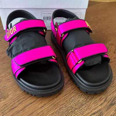 Pink Christian Dior Two-Strap Satin Logo Sandals