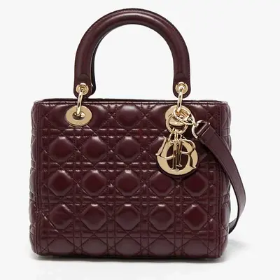 Authentic Dior Burgundy Cannage Leather Medium Lady Dior Tote