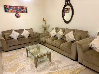 8 seater Beige Fabric Sofa Set with Coffee Table