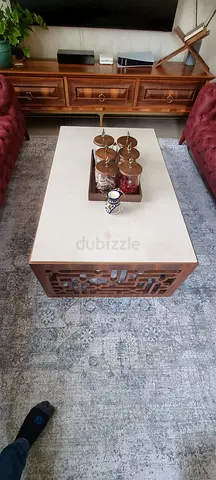 Solid Wood Side Table with Marble Top and Carved Panel