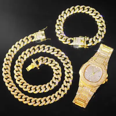 Gold-tone Cuban Link Chain, Bracelet and Iced Watch Set (Rhinestone) - Like New