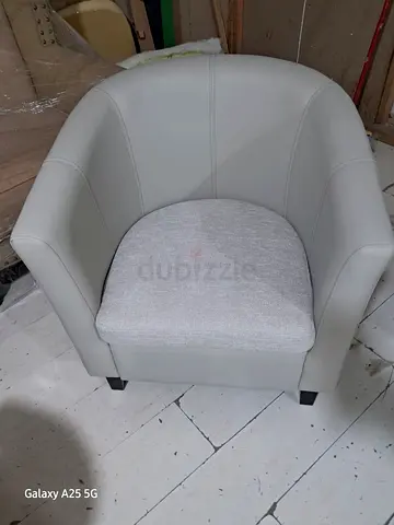Never Used, in Original Packaging, Light Gray Leather Tub Chair with Removable Linen Cushion