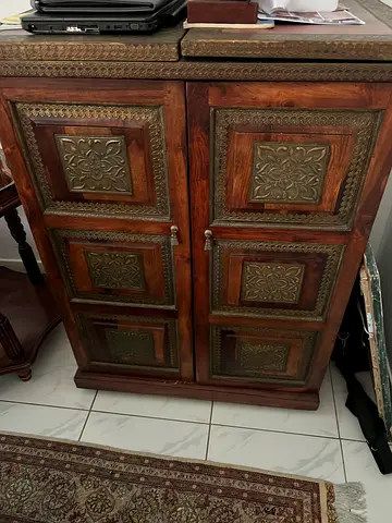 Solid Wood Cabinet with Brass Inlay — Antique-Style Storage Cupboard