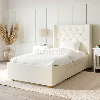 Single Upholstered Bed with Storage - Cream Tufted Headboard