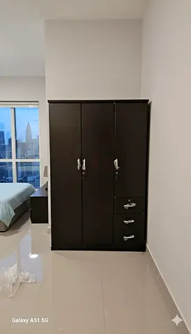 Dark Wood 3-Door Wardrobe with Drawers — brand new