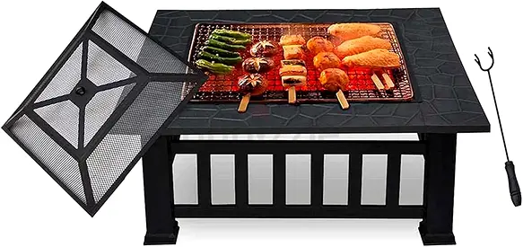 Fire Pit With Bbq Grill Shelf, Large 3 In 1 Outdoor Metal Brazier Square Table Fire Pit Garden Patio