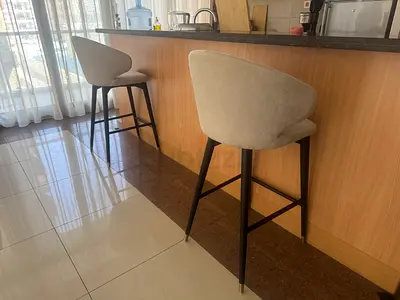 Set of 2 Upholstered Bar Stools with Backrest — Beige, Wooden Legs