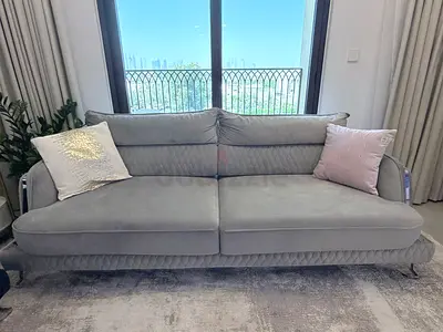 (2!) 3-Seater Grey  Blue Velvet Sofas in Excellent Condition! (2 pieces)