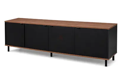 Long modern wooden TV cabinet / media console with black doors