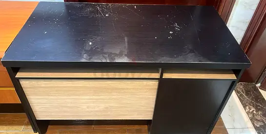 Used Black Wooden Desk with Drawer and Cabinet - Needs Minor Repair