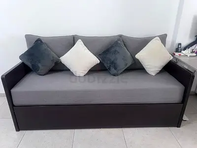 Wooden Daybed/Sofa Bed with Cushions - Dark Brown Frame, Grey Upholstery(custom made very heavy)