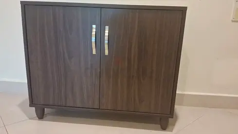 Compact wooden storage cabinet with double doors - dark brown(shoe rack)