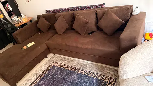 L-shaped Brown Fabric Sofa with Chaise (Good Condition)