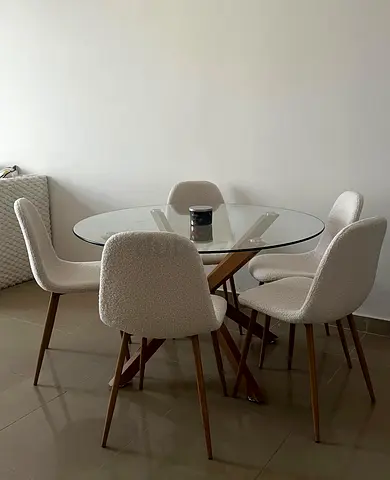 Round Glass Dining Table with 5 Upholstered Bouclé Chairs - Modern Set