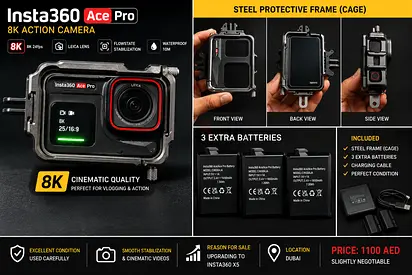 Insta360 Ace Pro 8K Camera + Steel Cage + 3 Extra Batteries Included | Excellent Condition
