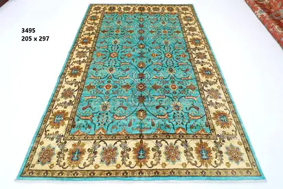 2x3m Handmade Afghan wool Turquoise Area Rug - 205 x 297 cm living room carpet rug