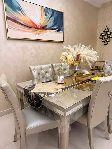 Modern Glass Top Dining Table with Upholstered Chairs - Light Grey Set