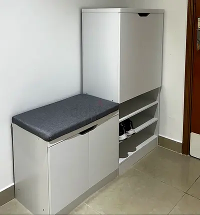 White Shoe Cabinet with Padded Bench - Compact Hallway Storage