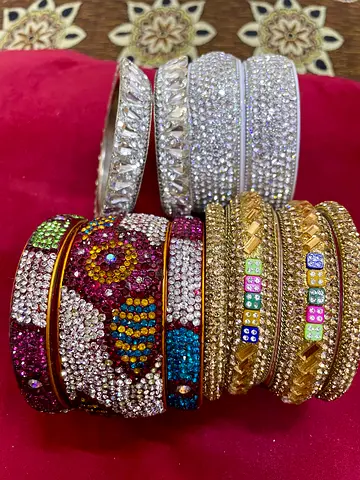 Set of Decorative Stone-Studded Bangles (Gold  Silver Tones) - Medium Sizes
