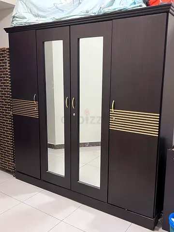Dark Wood 4-Door Wardrobe with Mirrors and Gold Accents