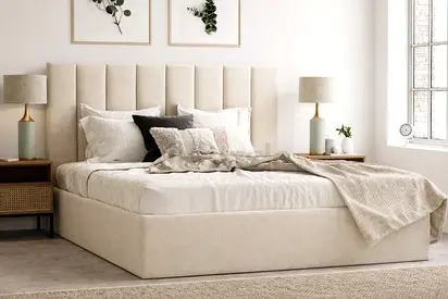 Beige Upholstered Platform Bed with Padded Headboard - queen Size