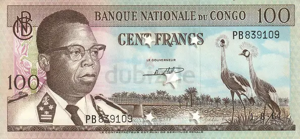 DEM REP CONGO 100 FRANCS CANCELED BANKNOTE 1964