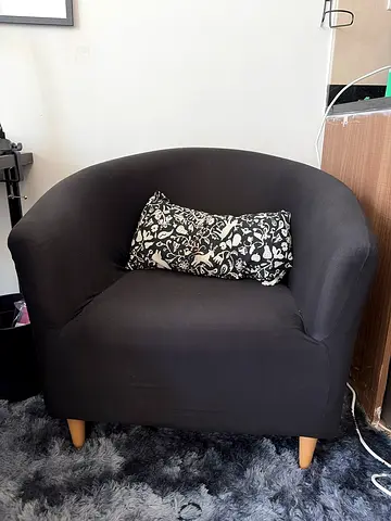 Compact Black Fabric Armchair with Accent Pillow - Good Condition