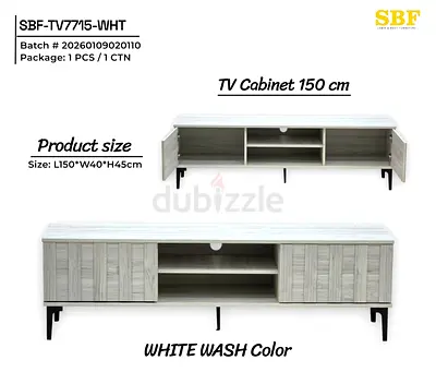White Wash TV Cabinet / Media Console - 150 cm (2 Doors, Open Shelves)