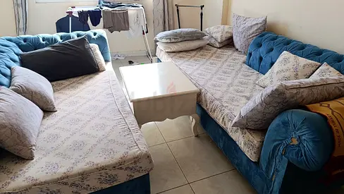 Blue Velvet Corner Sofa Set with Cushions and Coffee Table