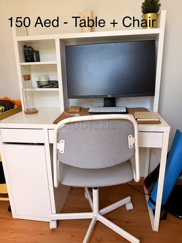 White Desk with Shelves and Matching Swivel Chair - Good Condition, 150 AED