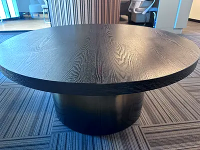 Round Black Wood Coffee Table with Pedestal Base