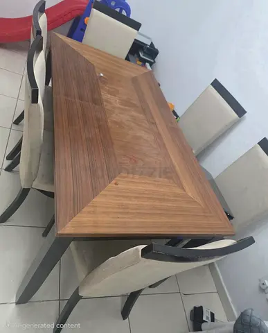 Wooden Dining Table with 6 Upholstered Chairs - Solid Look, Good Condition and Low floor majlis seat