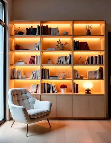 Wooden Built-in Bookcase with Cabinet and Warm LED Lighting