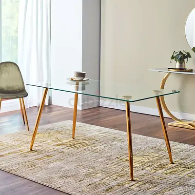 6-Seater Glass Top Dining Table with Gold Legs - Modern Minimalist