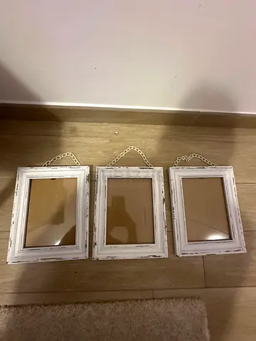 Set of 3 Small Distressed White Wooden Wall Mirrors with Chains