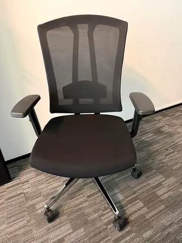 Black ergonomic office chair with mesh back and adjustable armrests
