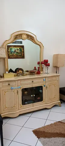Antique-style Cream Wooden Dresser with Large Mirror and Glass Display Cabinet