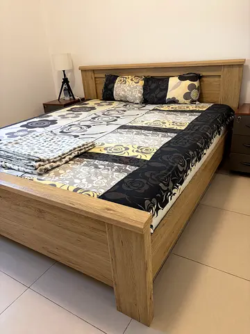 King Size Wooden Bed Frame with Headboard along with side tables - Light Oak Finish