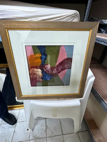 Framed Abstract Painting with Gold Frame and Double Mat