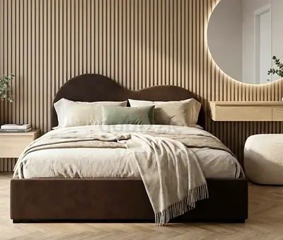 Double Bed Frame with Curved Headboard - Dark Brown Upholstery