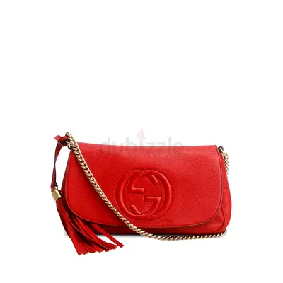 Authentic Gucci Red Pebbled Calfskin Medium Soho Chain Crossbody Bag