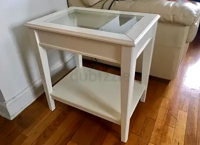 Two Elegant White Wooden Side Tables with Glass Top Surface – Excellent Condition 60cm x 45cm