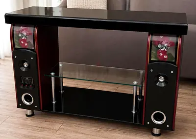 Modern Black Glass TV Stand with Built-in Speakers and Shelves