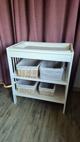 White Wooden Baby Changing Table with baskets and mattress