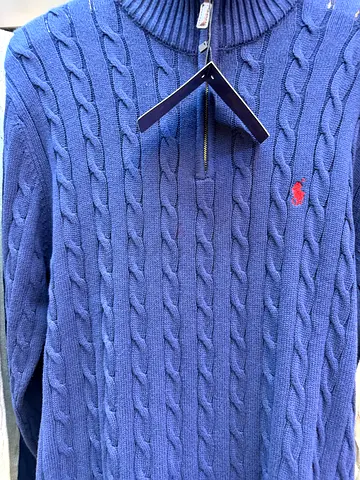 Blue cable-knit polo sweater with half-zip, size tag attached