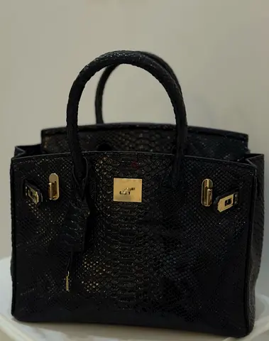 Black Python-Texture Top-Handle Tote Bag with Gold Hardware