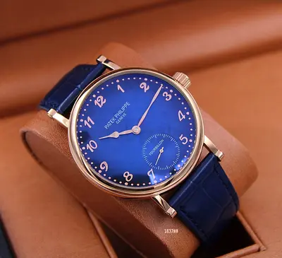 Patek Philippe-style Blue Dial Mens Wrist Master Copy watch with Blue Leather Strap